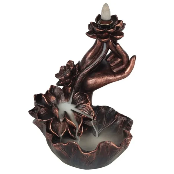 S03721299_0 Bronze Effect Hand with Flower Backflow Incense Burner