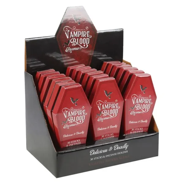 S03723213_12 Set of 18 Vampire Blood Incense Stick Packs with Coffin Holder