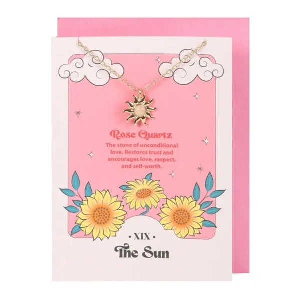 S03723290_0 The Sun Celestial Rose Quartz Necklace Card