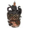 Black Octopus Bronze Diving Helmet Sculpture - Steampunk Design A black octopus wrapped around a bronze steampunk diving helmet sculpture with intricate metal details.