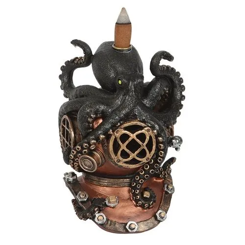 A black octopus wrapped around a bronze steampunk diving helmet sculpture with intricate metal details.