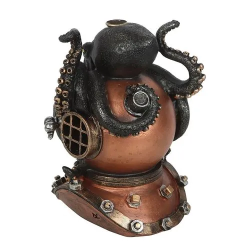 Steampunk Octopus Sculpture Copper Diving Helmet - Black Wrap A black octopus sculpture wrapped around a copper vintage diving helmet with steampunk details.