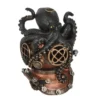Steampunk Diving Helmet Sculpture Bronze Black Octopus Design A bronze diving helmet sculpture wrapped by a black octopus with steampunk and marine details.