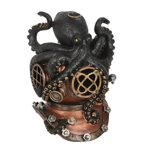 A bronze diving helmet sculpture wrapped by a black octopus with steampunk and marine details.