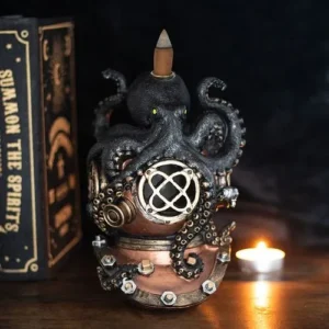 A steampunk bronze diving helmet entwined by a dark blue octopus sculpture with an incense holder.