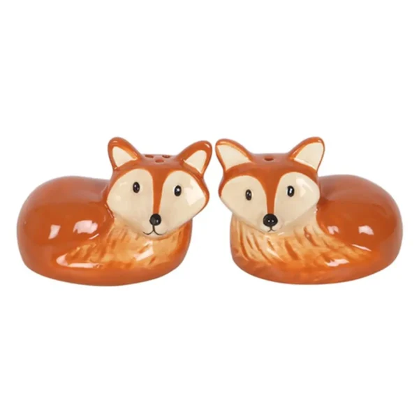 Fox Salt and Pepper Shakers Ceramic Orange - Glazed Finish Two orange ceramic fox-shaped salt and pepper shakers with cream faces on a white background.