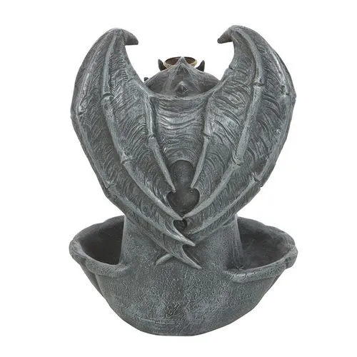 Gargoyle Bat Sculpture Stone Decor - Dark Winged Basin A dark stone gargoyle bat sculpture with outstretched wings forming a decorative basin.