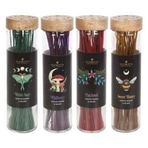 Colorful Elements glass jar incense set with White Sage, Wildberry, Patchouli, and Sweet Honey scents.
