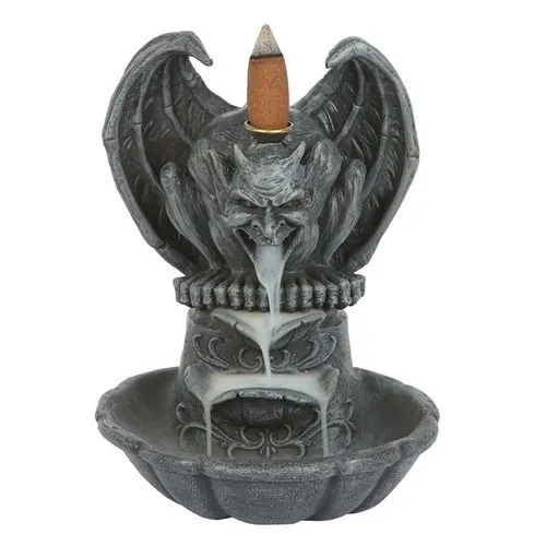 Gothic Gargoyle Incense Burner Stone Gray - Flowing Smoke Design A gray stone gargoyle-shaped incense burner with smoke flowing from its open mouth.