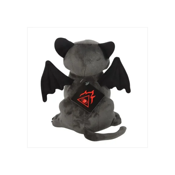 Mythical Dragon Plush Toy Gray Fabric - Black Bat Wings A gray plush dragon toy with black bat wings, pointed ears, and a curled tail.