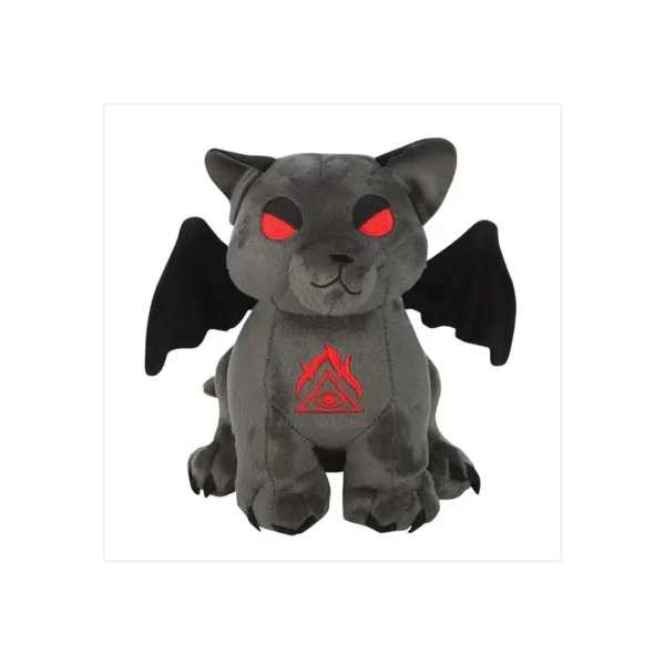 Gargoyle Cat Plush Toy Gray Fabric - Red Eyes and Bat Wings A gray plush cat-gargoyle toy with red eyes, black bat wings, and a red chest symbol.