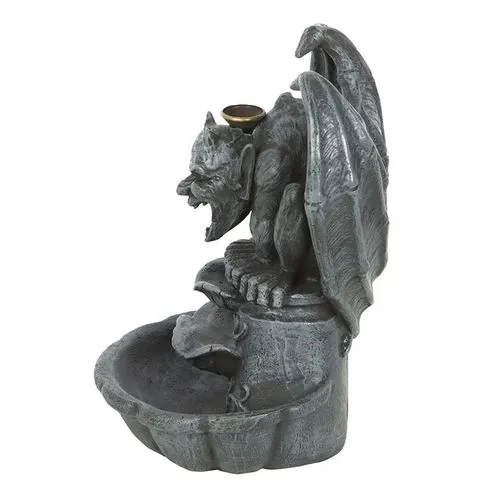 Gothic Gargoyle Statue Stone Gray Incense Burner Holder A gray stone gargoyle sculpture with wings perched on a pedestal and basin holder.