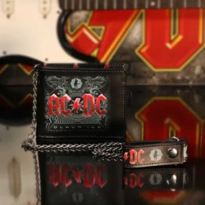 AC/DC Black Leather Wallet and Chain - Embossed Rock Design AC/DC black leather wallet with silver chain and red logo, rock-inspired collectible accessory.