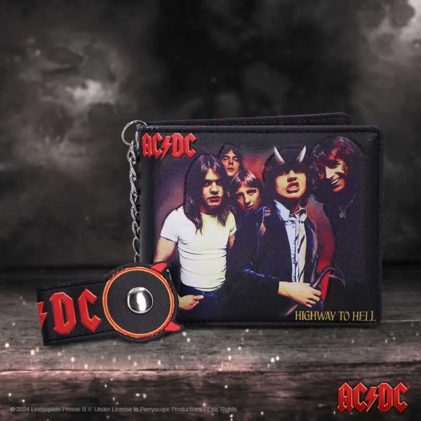 AC/DC Highway to Hell Leather Wallet and Keychain - Black AC/DC Highway to Hell black leather wallet and keychain with classic rock album design