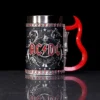 AC/DC Band Tankard Mug Stainless Steel Black Red Devil Handle AC/DC black stainless steel mug with red devil-tail handle and embossed band logo design.