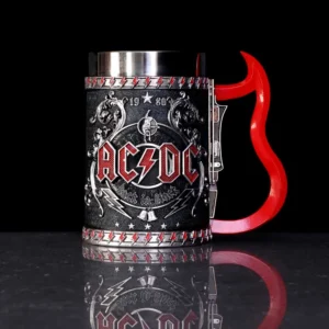 AC/DC Band Tankard Mug Stainless Steel Black Red Devil Handle AC/DC black stainless steel mug with red devil-tail handle and embossed band logo design.