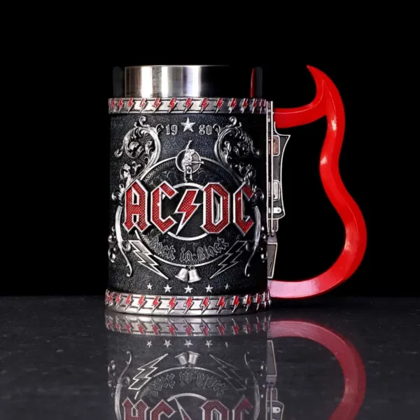 AC/DC Band Tankard Mug Stainless Steel Black Red Devil Handle AC/DC black stainless steel mug with red devil-tail handle and embossed band logo design.