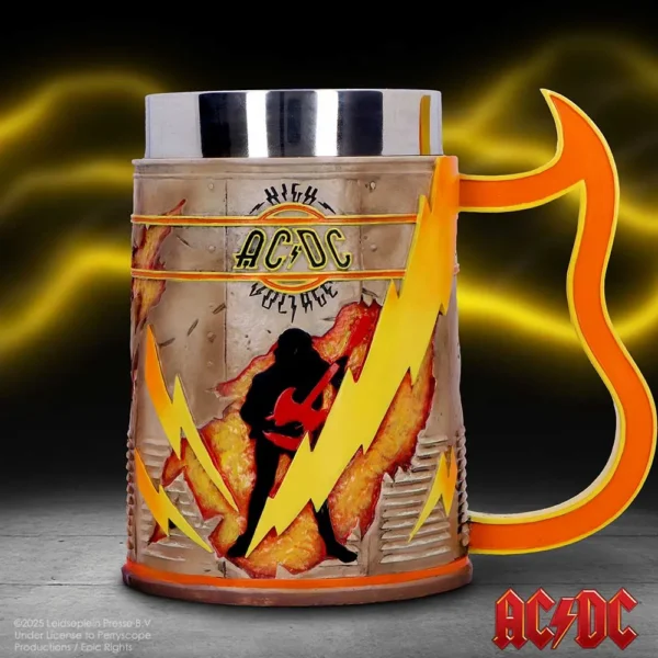 AC/DC High Voltage Beer Stein - Metallic Gray Lightning Handle AC/DC High Voltage beer stein with lightning bolt handle and rugged metallic rock design.
