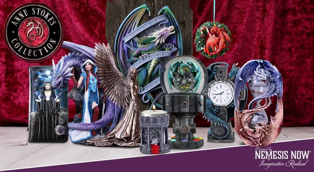 Licensed Gifts vs Handmade Gifts Compared 2 Handmade gifts. Fantasy dragon and angel figurines from the Anne Stokes Collection displayed on crimson velvet fabric.