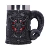 Gothic Black Stainless Steel Mug - Goat Pentagram Horn Handle A gothic black mug with a silver rim, goat head pentagram design, and ram horn handle.