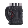 Gothic Black Ceramic Mug - Silver Rim With Goat Pentagram A black gothic mug with a silver rim, goat emblem, pentagram, and ram horn handle.