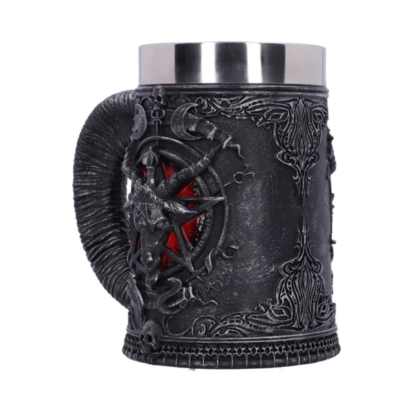 Gothic Black Ceramic Mug - Silver Rim With Goat Pentagram A black gothic mug with a silver rim, goat emblem, pentagram, and ram horn handle.