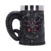 Gothic Baphomet Mug Resin Black - Pentagram And Horn Handle Black gothic mug with pentagram, goat head, and horn handle on dark red background.
