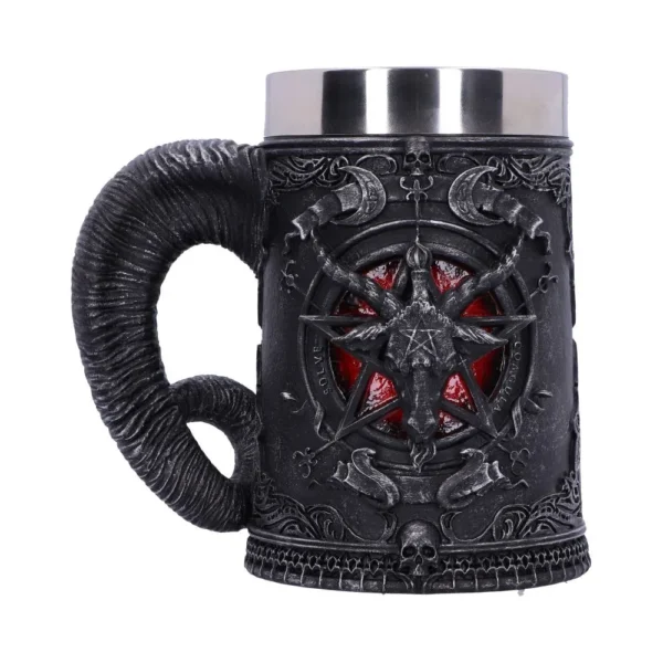 Gothic Baphomet Mug Resin Black - Pentagram And Horn Handle Black gothic mug with pentagram, goat head, and horn handle on dark red background.