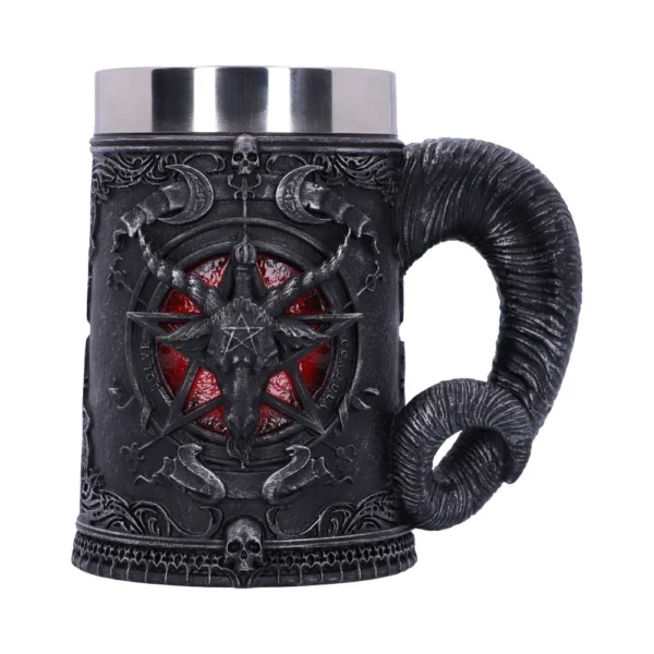 Gothic Black Stainless Steel Mug - Goat Pentagram Horn Handle A gothic black mug with a silver rim, goat head pentagram design, and ram horn handle.