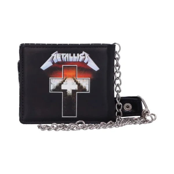 Metallica Master of Puppets Black Wallet - Chain Faux Leather A black Metallica wallet featuring the Master of Puppets album artwork with a silver chain attached.