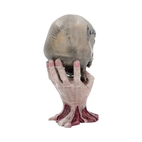 Macabre Hand Sculpture Resin Art Pale Grip With Locked Skull A pale human hand gripping an aged skull with a metal lock embedded in its surface.
