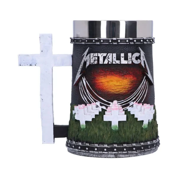 A black Metallica Master of Puppets mug with white cross handle and album artwork design
