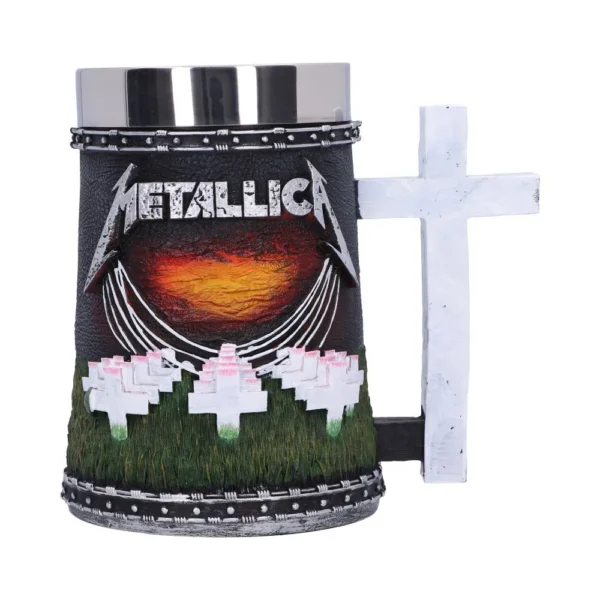 Metallica Master of Puppets Black Ceramic Mug - Cross Handle Black Metallica mug with barbed wire design and sunset graveyard artwork from Master of Puppets.