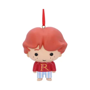 Ron Weasley Chibi Ornament Figurine - Red Sweater Ribbon Charm Chibi-style Ron Weasley ornament wearing red “R” sweater and striped pajama pants with hanging ribbon.