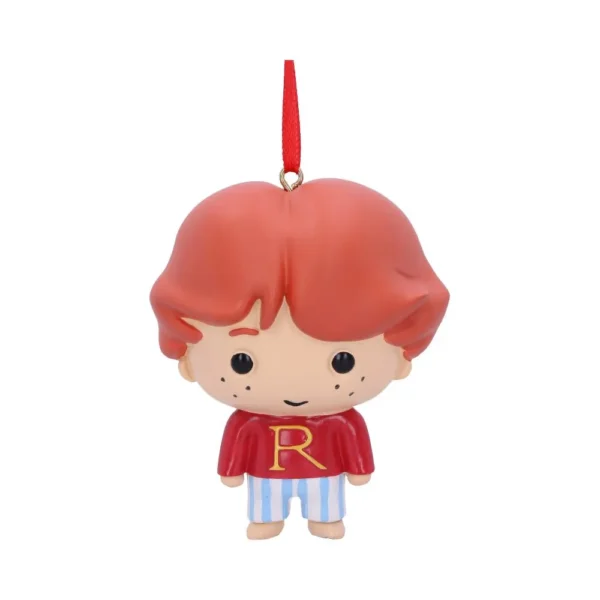 Ron Weasley Chibi Ornament Figurine - Red Sweater Ribbon Charm Chibi-style Ron Weasley ornament wearing red “R” sweater and striped pajama pants with hanging ribbon.
