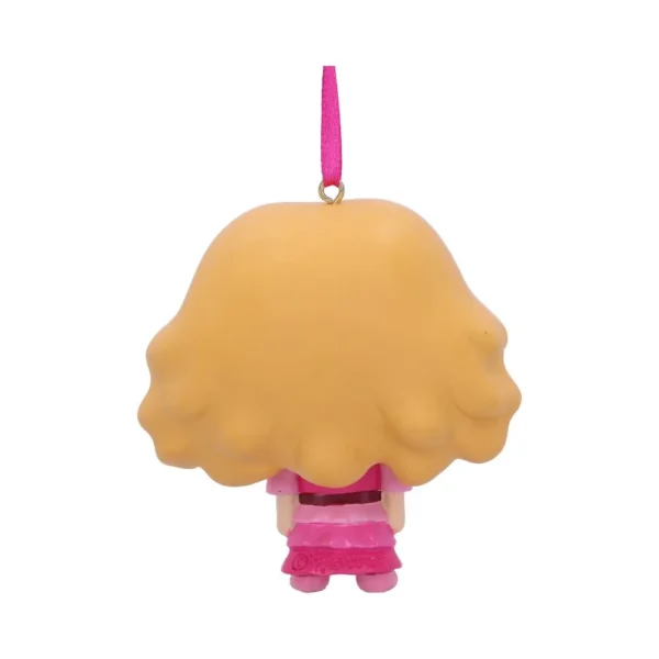 Blonde Figurine Ornament Plastic Pink Dress - Wavy Hair Charm Small pink-dressed blonde figurine ornament with wavy hair and a pink hanging ribbon.