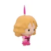 Chibi Blonde Figurine PVC Ornament Pink Dress With Red Bow A chibi-style blonde figurine in a pink dress with a red bow and hanging ribbon.
