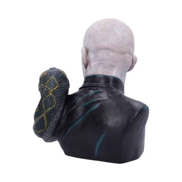 A realistic Lord Voldemort bust with a snake coiled around his shoulder and piercing blue eyes.