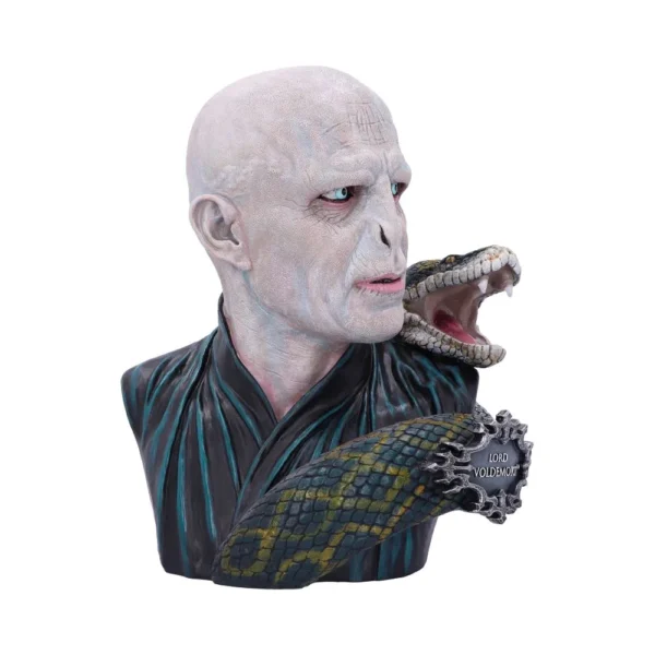 A realistic Lord Voldemort bust with a snake coiled around his shoulder and piercing blue eyes.