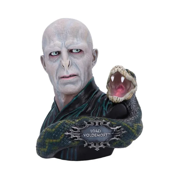 A realistic Lord Voldemort bust with a snake coiled around his shoulder and piercing blue eyes. A realistic Lord Voldemort bust with a snake coiled around his shoulder and piercing blue eyes.