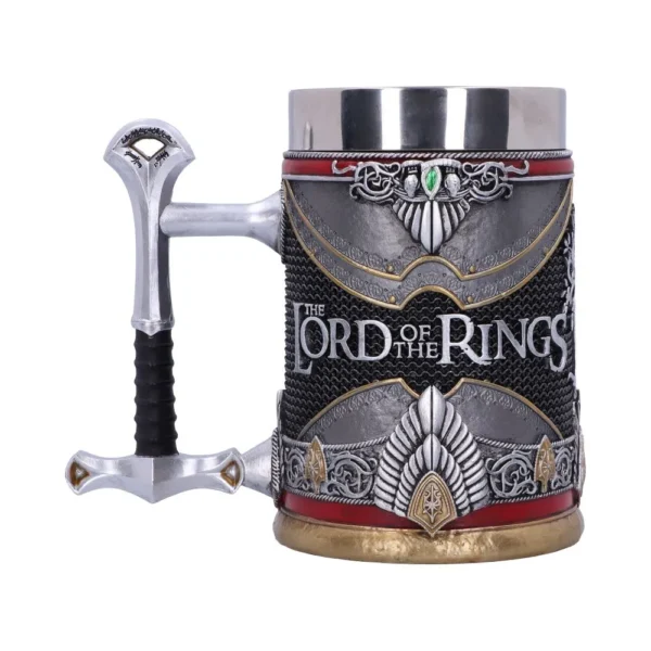 A silver and gray Lord of the Rings tankard with sword-hilt handle and engraved details.