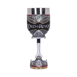 Lord Of The Rings Goblet Stainless Steel Black - Leaf Motifs A detailed silver and black Lord of the Rings goblet with leaf motifs and gemstone accents.