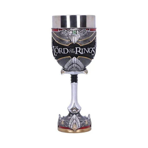 Lord Of The Rings Goblet Stainless Steel Black - Leaf Motifs A detailed silver and black Lord of the Rings goblet with leaf motifs and gemstone accents.