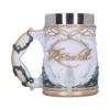 Rivendell Elven Ceramic Mug White Gold Vines Silver Leaf A white fantasy-style Rivendell mug with gold elven vines, silver leaf design, and crystal accents.