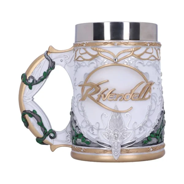 Rivendell Elven Ceramic Mug White Gold Vines Silver Leaf A white fantasy-style Rivendell mug with gold elven vines, silver leaf design, and crystal accents.