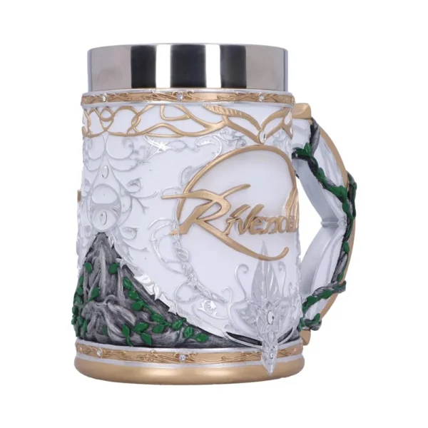 Rivendell Fantasy Mug White Ceramic With Elven Vine Handle A white fantasy mug with gold, silver, and green elven Rivendell designs and vine handle.