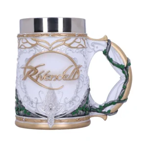 Rivendell Elven Decorative Mug - White Gold Vine Design A white and gold Rivendell-themed decorative mug with elven vine designs and jeweled details.