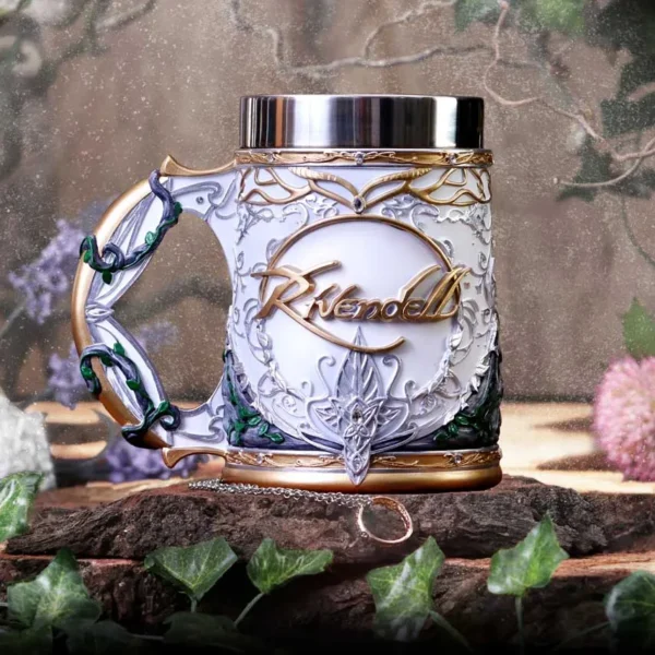 Rivendell Elven Ceramic Mug Gold and Green - Vine Handle Design An ornate elven-style Rivendell mug with gold filigree and vine-shaped handle on a wooden surface.