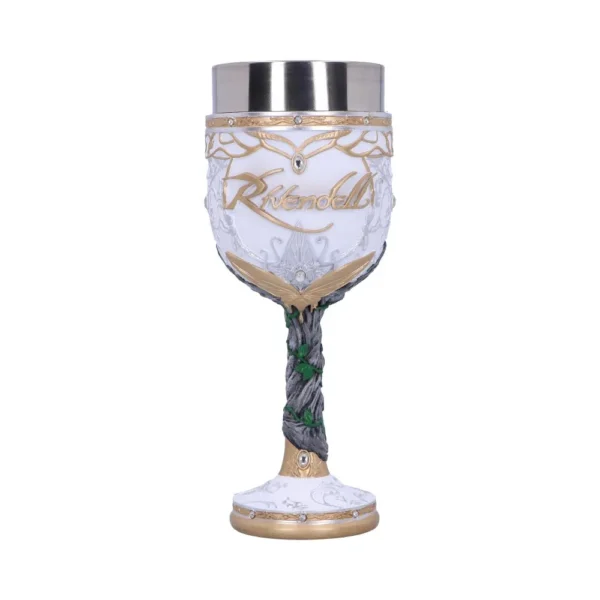 Rivendell Elven Goblet Ceramic White Gold - Vine Stem Design A white and gold Rivendell-themed goblet with Elven designs and vine-detailed stem.