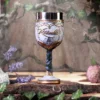 Rivendell Elven Chalice Silver Gold Enamel - Leaf Vine Design An ornate silver and gold Elven chalice labeled “Rivendell” resting on a rustic wooden surface with ivy.